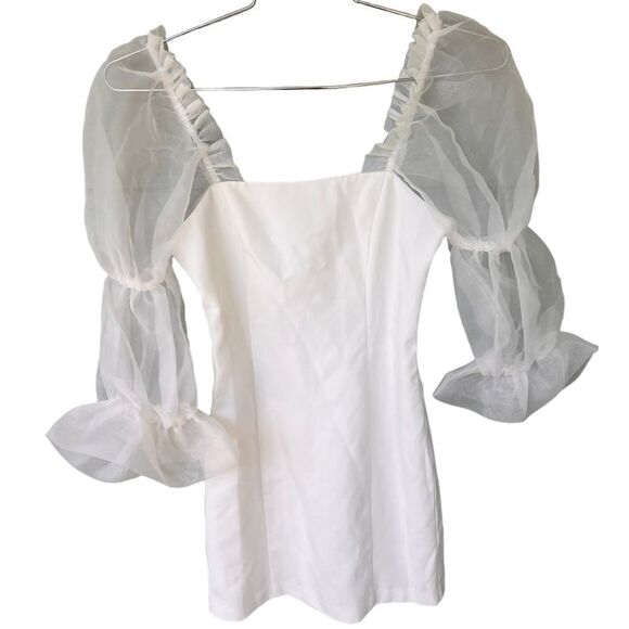 Amanda Uprichard White Mini Dress with Sheer Sleeves - Picture 4 of 7